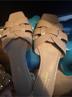 Saint Laurent Braided Slide Sandals in Nude Beige